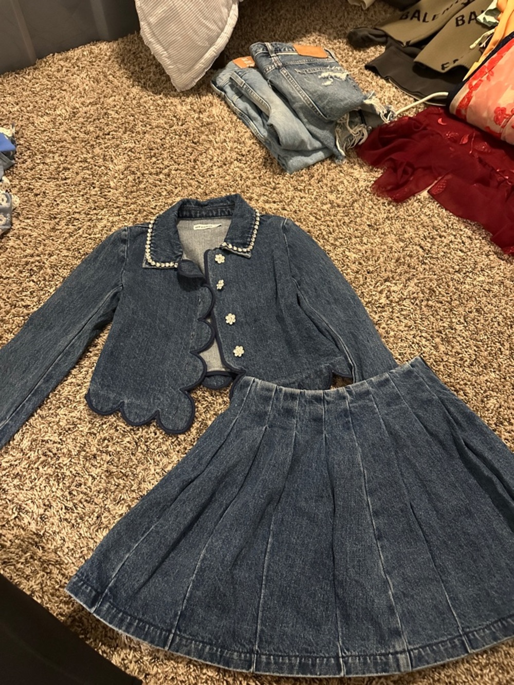Self-Portrait Dark Blue Denim Kids Matching Jacket & Pleated Skirt